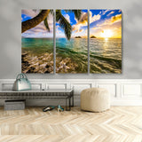 68606-MGV-CV-48X32-3P-Tropical Palm Tree Ocean Wall Art – Sunset Beach Seascape Print, Coastal Paradise Decor for Living Room or Office