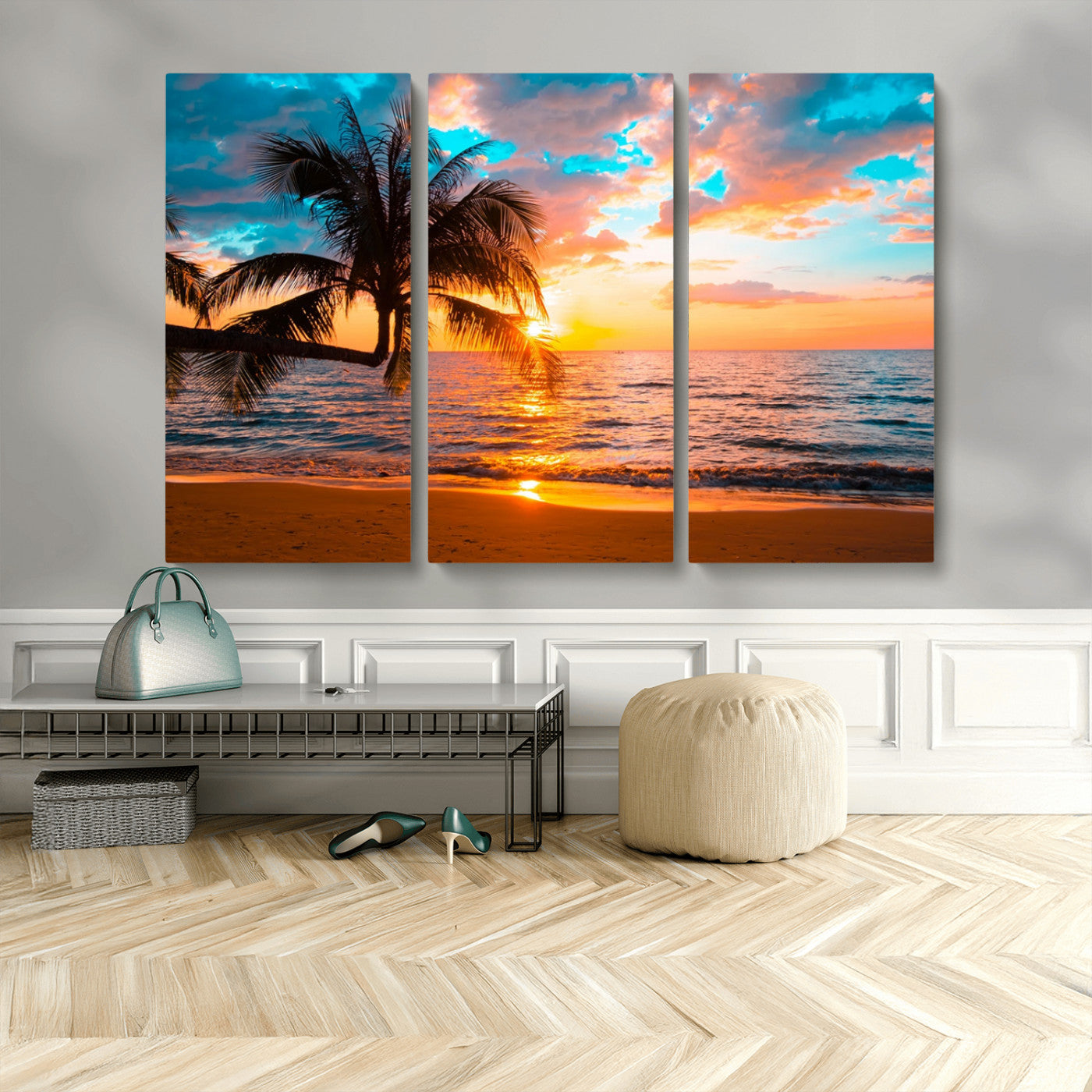 34674-MGV-CV-36X24-Tropical Sunset Beach Wall Art – Palm Tree Ocean Canvas Print, Coastal Seascape Decor for Living Room or Office Wall