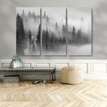 57235-MGV-CV-36X24-Misty Pine Forest Wall Art – Black and White Mountain Landscape Canvas Print, Nature Woodland Decor for Living Room, Bedroom or