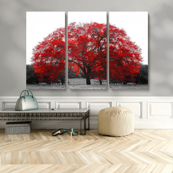 80021-MGV-CV-36X24-Red Tree Wall Art – Striking Black and White Landscape Canvas Print with Vibrant Red Leaves, Modern Nature Decor for Living Room
