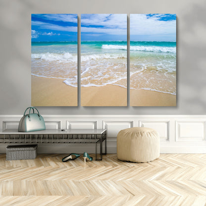 20660-MGV-CV-36X24-Ocean Wave Beach Wall Art – Serene Blue Sea and Sandy Shore Canvas Print, Coastal Landscape Photography Decor for Living Room or