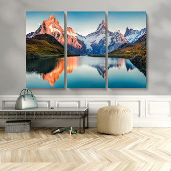 88453-MGV-CV-36X24-Mountain Lake Wall Art – Snow-Capped Peaks Reflected in Alpine Water Canvas Print, Nature Landscape Wall Decor for Living Room or