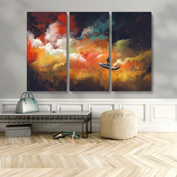45085-MGV-CV-48X32-3P-Surreal Cosmic Wall Art – Abstract Galaxy Dreamscape Canvas Print with Man and Dog in Boat, Fantasy Nebula Painting for Living