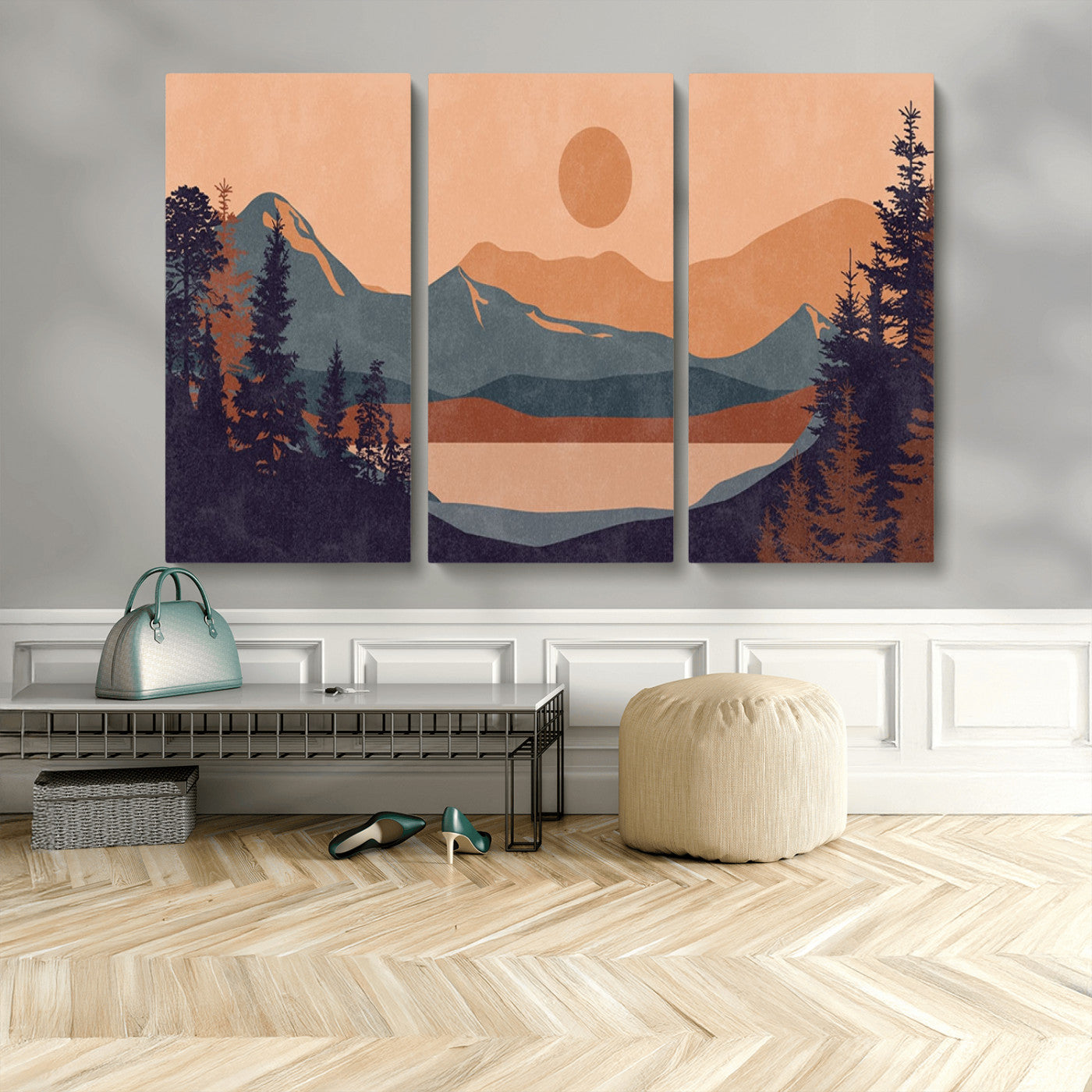 62795-MGV-CV-36X24-Minimalist Mountain Landscape Wall Art – Abstract Sunset Over Peaks and Pine Trees Canvas Print, Modern Nature Decor for Living
