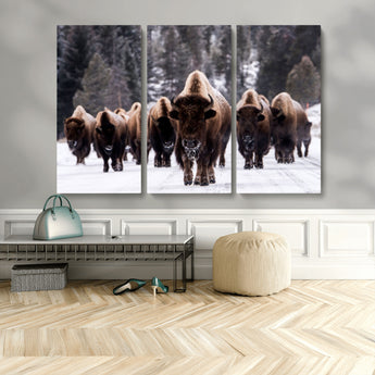 66871-MGV-CV-48X32-3P-Bison Herd Wall Art – Wildlife Buffalo Canvas Print, Rustic Western Nature Photography Decor for Living Room, Office, Cabin, or