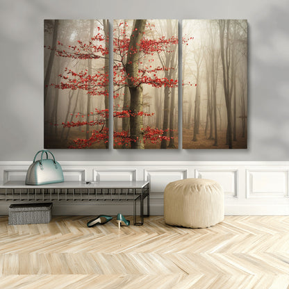 61855-MGV-CV-36X24-Misty Forest Wall Art – Red Tree with Autumn Leaves Canvas Print, Moody Woodland Nature Decor for Living Room, Bedroom, or Office