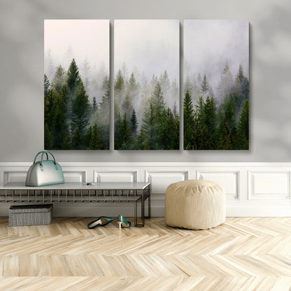 11436-MGV-CV-36X24-Misty Forest Wall Art – Tranquil Evergreen Tree Canvas Print with Foggy Landscape, Nature Inspired Artwork for Bedroom, Living