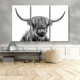 10123-MGV-CV-36X24-Black and White Highland Cow Wall Art – Modern Farmhouse Animal Print, Rustic Scottish Bull Canvas Decor for Living Room, Bedroom,