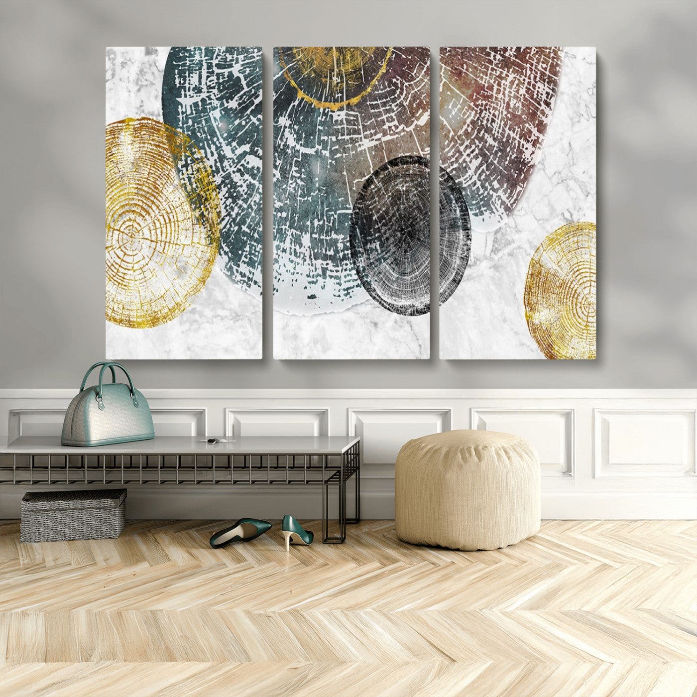 70653-MGV-CV-48X32-3P-Abstract Tree Ring Wall Art – Modern Rustic Wood Slice Canvas Print with Gold Accents, Contemporary Nature Decor for Living Room,