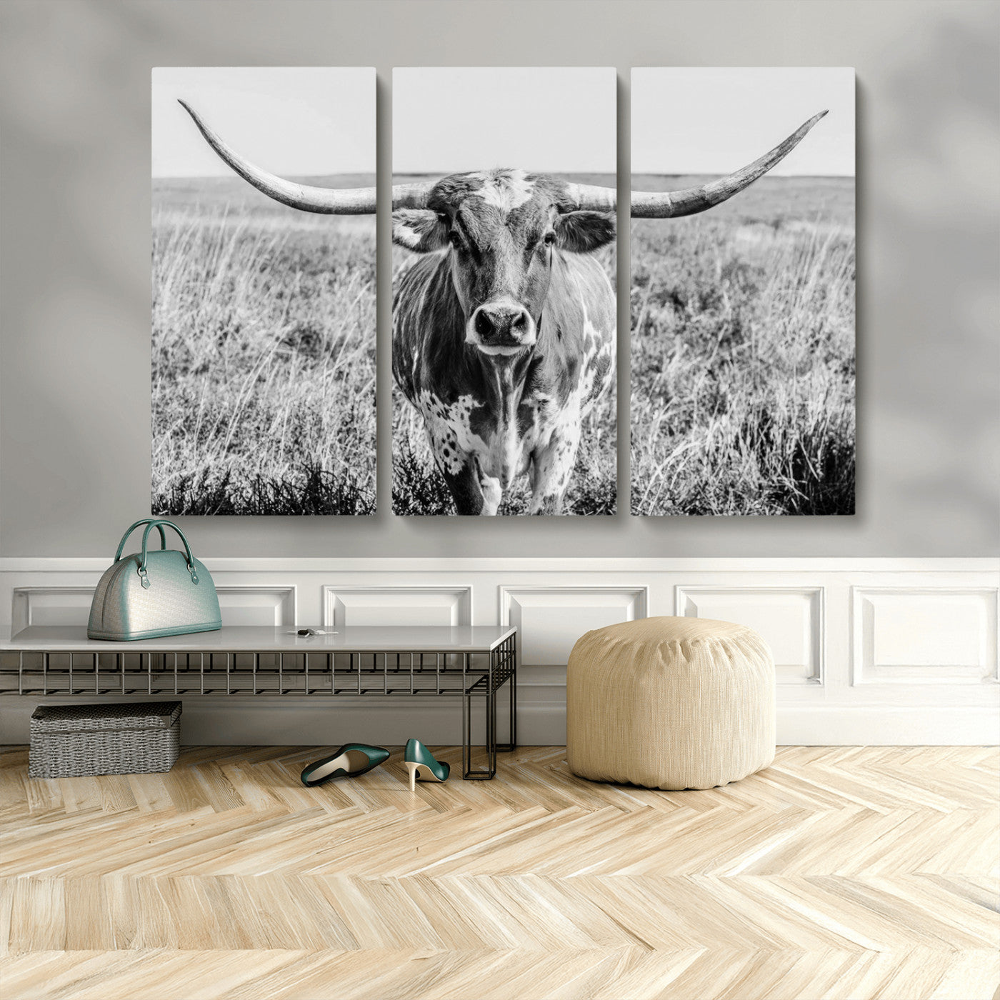 77320-MGV-CV-36X24-Texas Longhorn Wall Art – Black and White Western Cattle Canvas Print, Rustic Farmhouse Animal Photography Decor for Living Room,