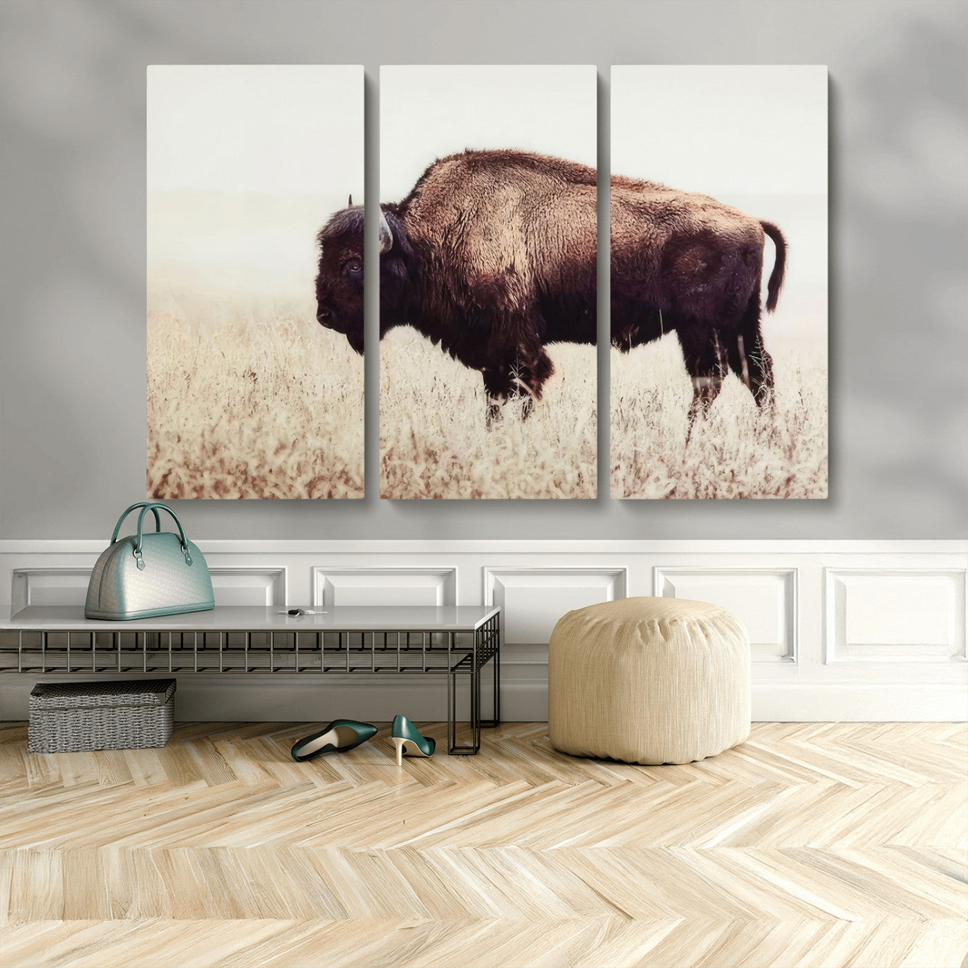 48406-MGV-CV-36X24-American Bison Wall Art – Rustic Buffalo Canvas Print in Prairie Field, Western Wildlife Photography Decor for Cabin, Lodge,