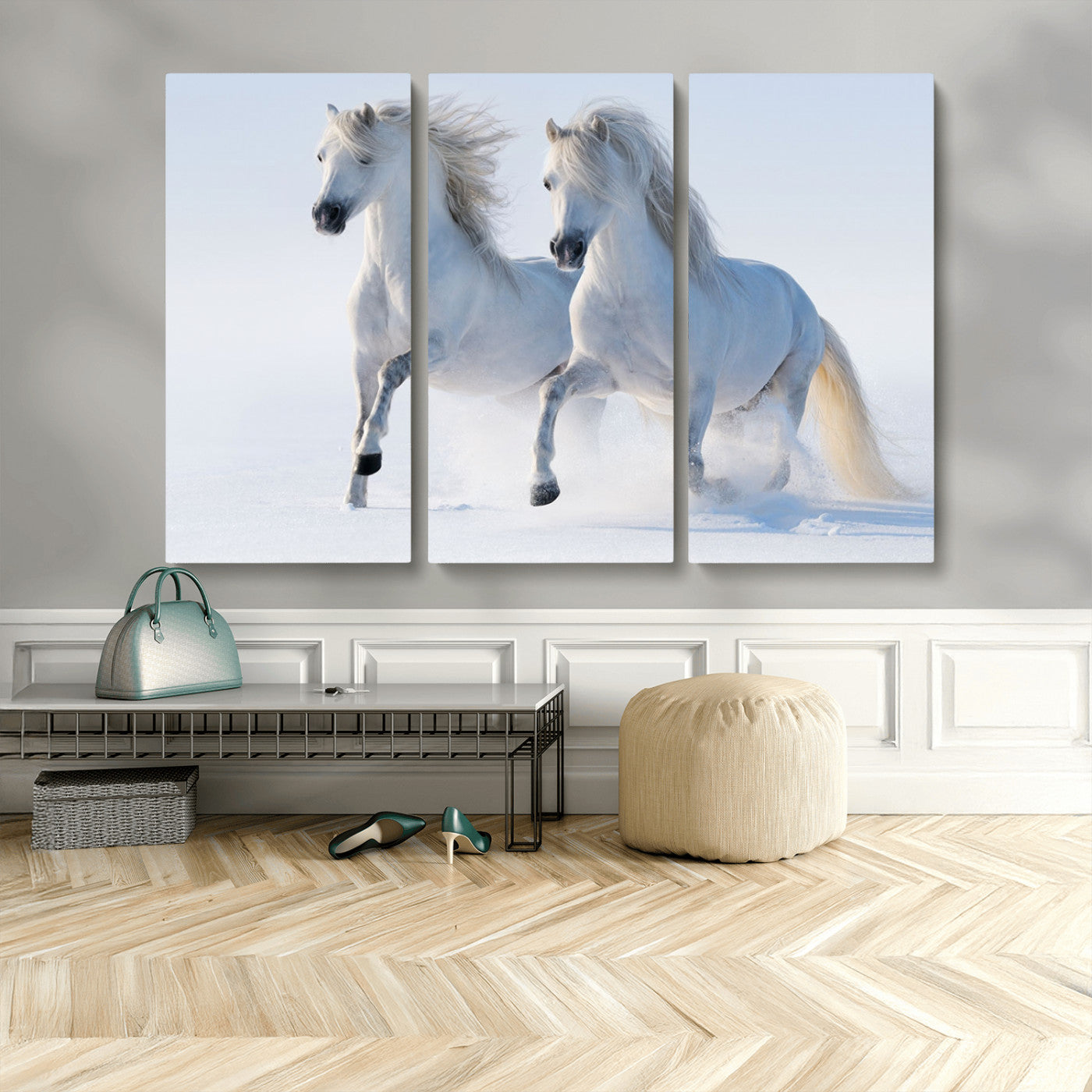 80145-MGV-CV-36X24-White Horses Running Snow Wall Art – Majestic Equine Canvas Print, Winter Nature Photography Decor for Living Room, Office,