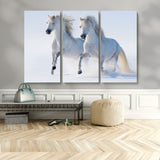 80145-MGV-CV-36X24-White Horses Running Snow Wall Art – Majestic Equine Canvas Print, Winter Nature Photography Decor for Living Room, Office,