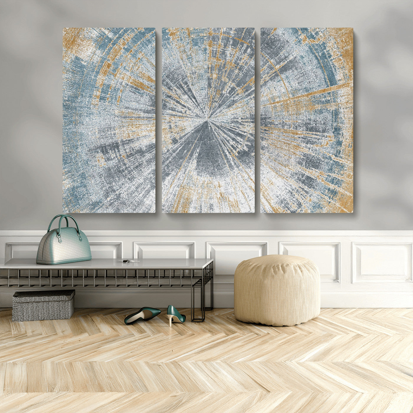17631-MGV-CV-36X24-Radiant Burst Wall Art – Abstract Sunburst Canvas Print in Blue and Gold, Modern Geometric Painting for Living Room, Office or