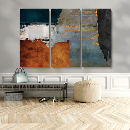 35026-MGV-CV-48X32-3P-Abstract Canvas Wall Art – Modern Teal, Rust, Black and Gold Textured Painting, Contemporary Decor for Living Room, Bedroom or