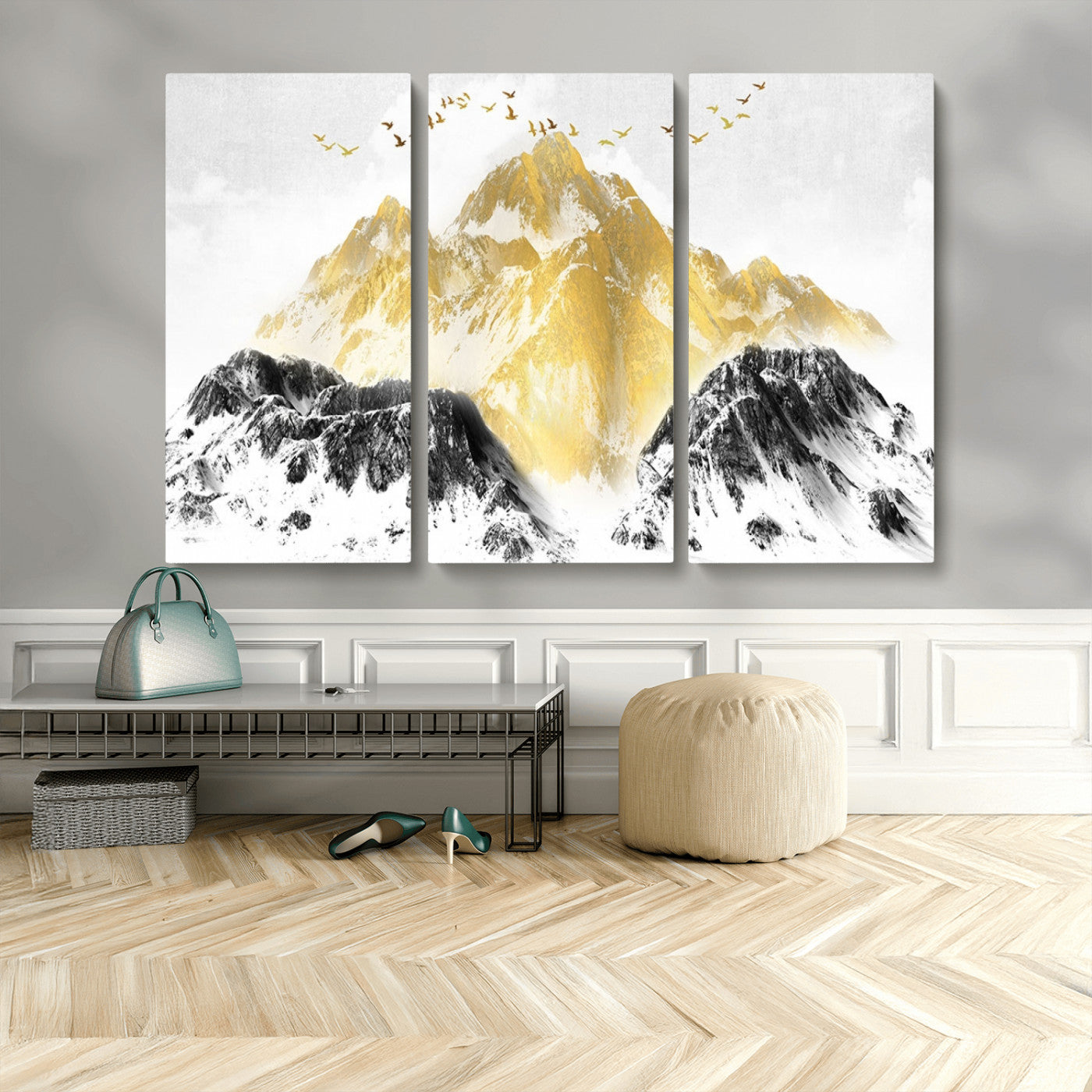 37733-MGV-CV-36X24-Golden Mountain Wall Art – Modern Abstract Landscape Canvas Print with Birds, Luxury Nature Decor for Living Room, Bedroom, or