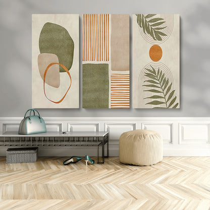 96002-MGV-CV-48X32-3P-Abstract Geometric Wall Art – Modern Canvas Print with Green, Orange & Beige Shapes, Minimalist Home Decor for Living Room, Office