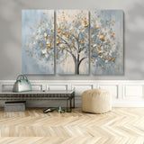 65811-MGV-CV-36X24-Abstract Tree Wall Art – Textured Canvas Painting with Gold and White Leaves, Modern Nature Inspired Decor for Living Room or