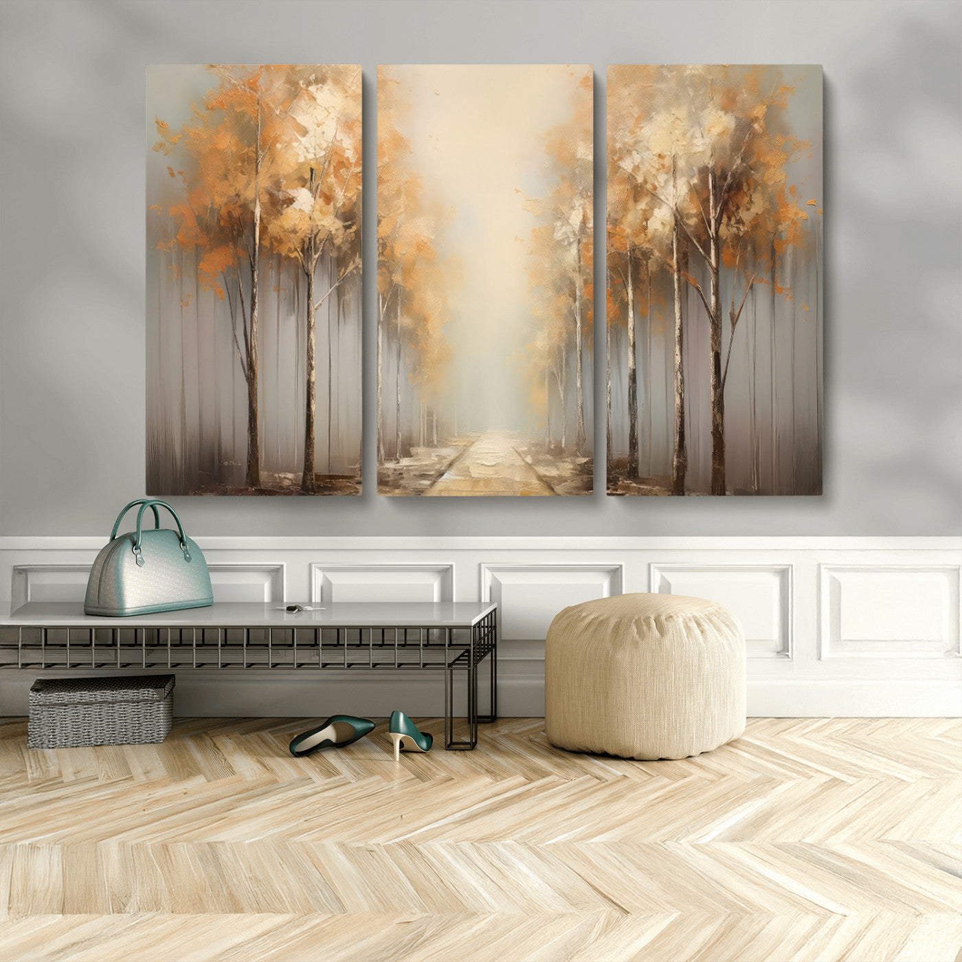95004-MGV-CV-48X32-3P-Autumn Forest Path Wall Art – Hand Painted Canvas Print with Golden Trees, Modern Nature Landscape Decor for Living Room, Bedroom