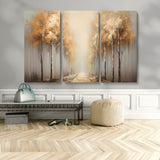95004-MGV-CV-48X32-3P-Autumn Forest Path Wall Art – Hand Painted Canvas Print with Golden Trees, Modern Nature Landscape Decor for Living Room, Bedroom