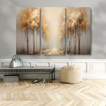 95004-MGV-CV-48X32-3P-Autumn Forest Path Wall Art – Hand Painted Canvas Print with Golden Trees, Modern Nature Landscape Decor for Living Room, Bedroom