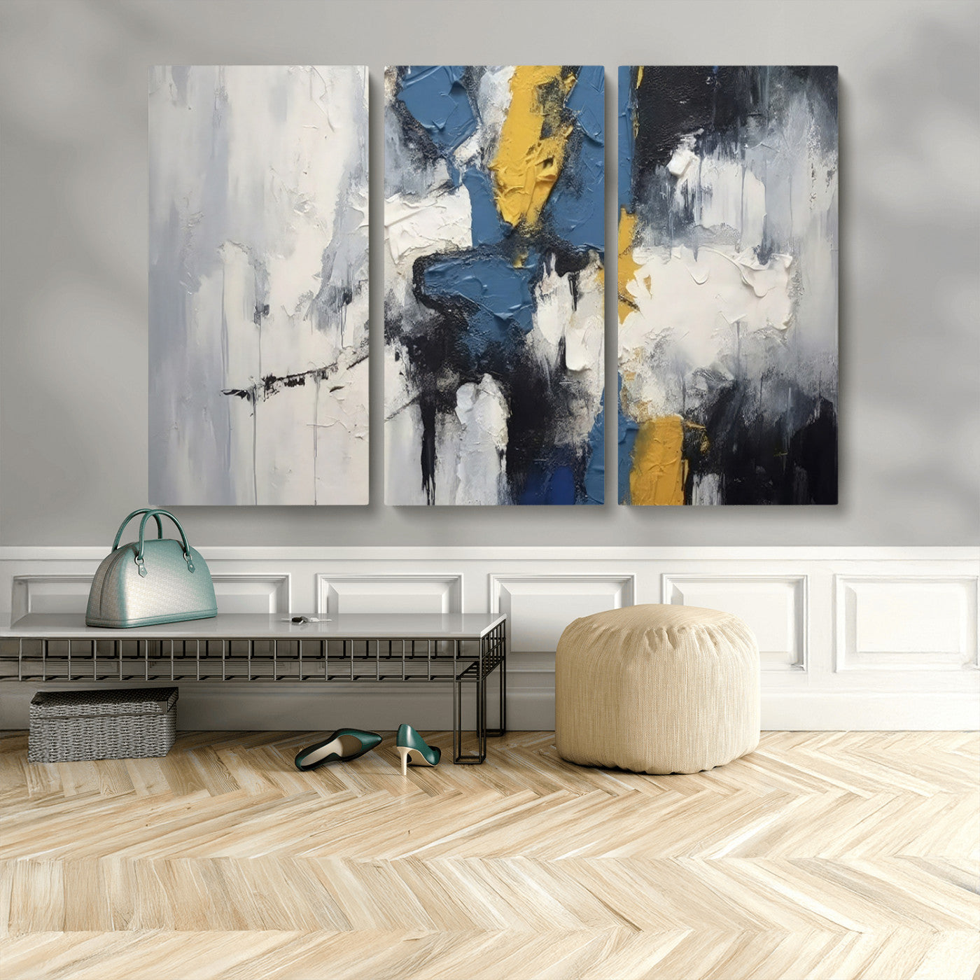 63850-MGV-CV-48X32-3P-Abstract Blue and Yellow Wall Art – Modern Textured Canvas Painting, Bold Contemporary Artwork for Living Room, Bedroom or Office