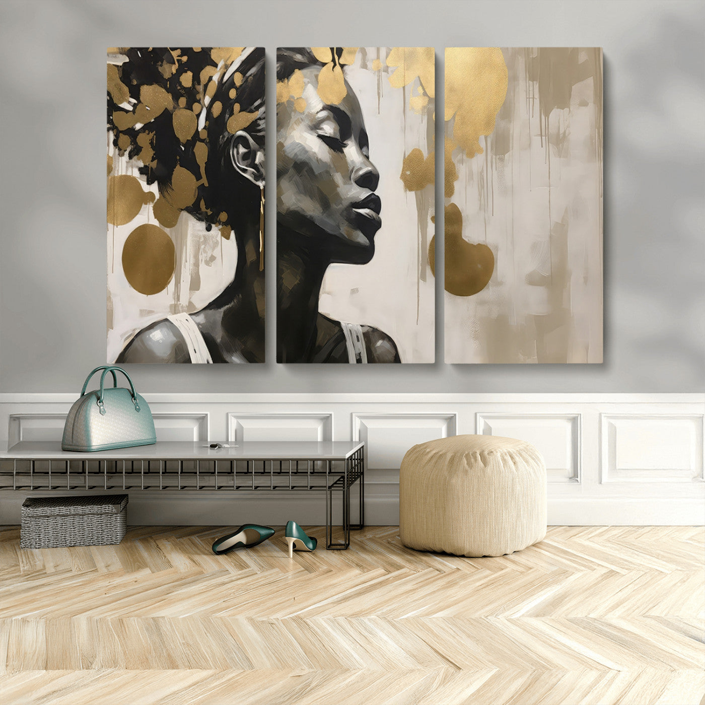 65669-MGV-CV-36X24-Elegant Black Woman Wall Art – Modern Abstract Portrait Canvas with Gold Accents, Contemporary Afrocentric Decor for Living Room