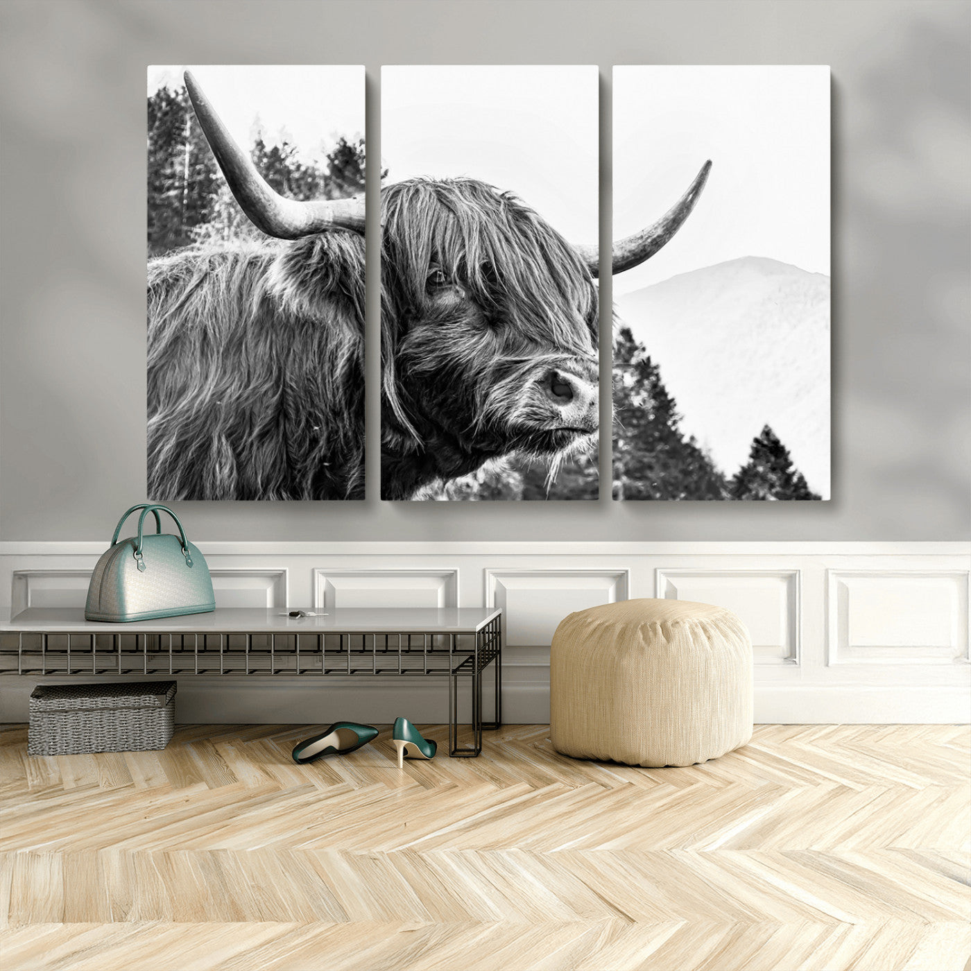61570-MGV-CV-36X24-Highland Cow Wall Art – Black and White Scottish Bull Canvas Print, Rustic Farmhouse Animal Decor for Living Room, Bedroom, or