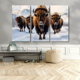 56701-MGV-CV-48X32-3P-Bison Herd Wall Art – Buffalo Walking in Snowy Mountains Canvas Print, Rustic Wildlife Decor for Cabin, Lodge, or Living Room