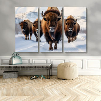 56701-MGV-CV-48X32-3P-Bison Herd Wall Art – Buffalo Walking in Snowy Mountains Canvas Print, Rustic Wildlife Decor for Cabin, Lodge, or Living Room