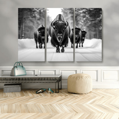 45287-MGV-CV-48X32-3P-Bison Herd Wall Art – Black and White Buffalo Snow Road Canvas Print, Rustic Wildlife Decor for Cabin, Lodge or Living Room