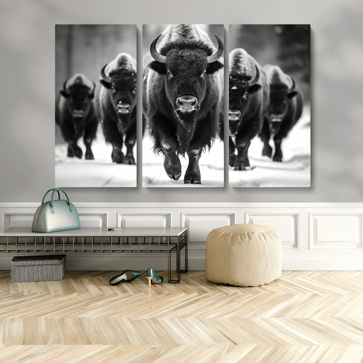 79872-MGV-CV-48X32-3P-Bison Herd Wall Art – Black and White Buffalo on Snow Canvas Print, Rustic Wildlife Decor for Lodge, Cabin, or Living Room