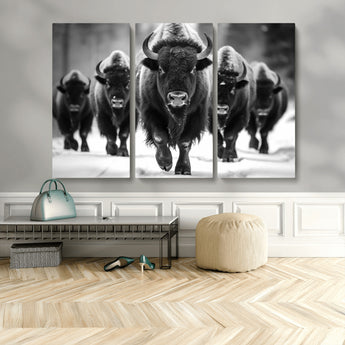 79872-MGV-CV-48X32-3P-Bison Herd Wall Art – Black and White Buffalo on Snow Canvas Print, Rustic Wildlife Decor for Lodge, Cabin, or Living Room