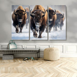 80512-MGV-CV-48X32-3P-Bison Herd Wall Art – Buffalo Running in Snow Canvas Print, Rustic Wildlife Photography Decor for Cabin, Lodge, or Living Room