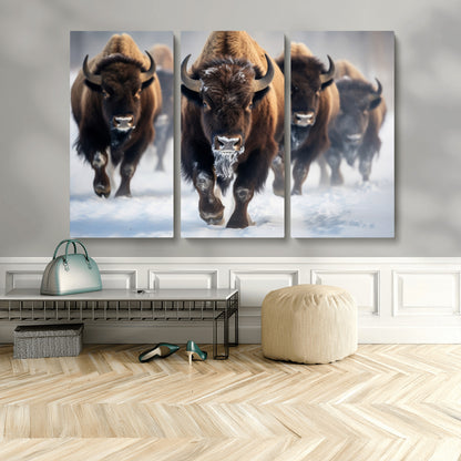 80512-MGV-CV-48X32-3P-Bison Herd Wall Art – Buffalo Running in Snow Canvas Print, Rustic Wildlife Photography Decor for Cabin, Lodge, or Living Room