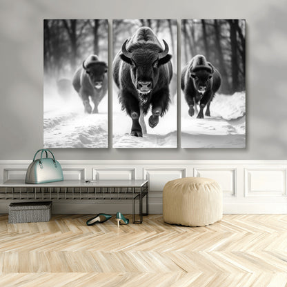 97552-MGV-CV-36X24-Black and White Bison Wall Art – Buffalo Herd Running in Snow Canvas Print, Rustic Wildlife Photography Decor for Cabin, Lodge, or