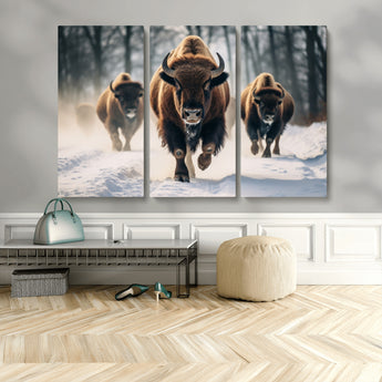 56549-MGV-CV-36X24-Wild Bison Wall Art – Majestic Buffalo Herd Running in Snow Canvas Print, Rustic Wildlife Photography Decor for Cabin, Lodge, or