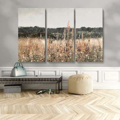 46308-MGV-CV-48X32-3P-Wildflower Field Wall Art – Rustic Meadow Landscape Canvas Print, Country Nature Decor for Living Room, Bedroom or Farmhouse