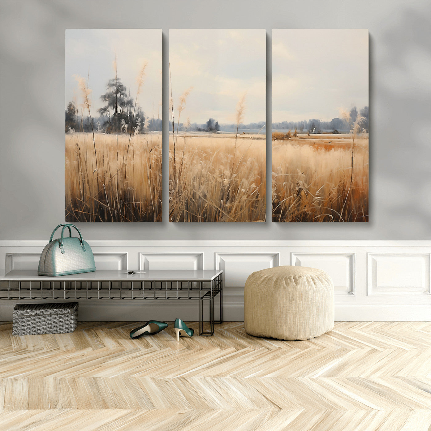 38193-MGV-CV-48X32-3P-Golden Meadow Wall Art – Serene Grassland Landscape Canvas Print, Rustic Nature Decor for Bedroom, Living Room or Farmhouse