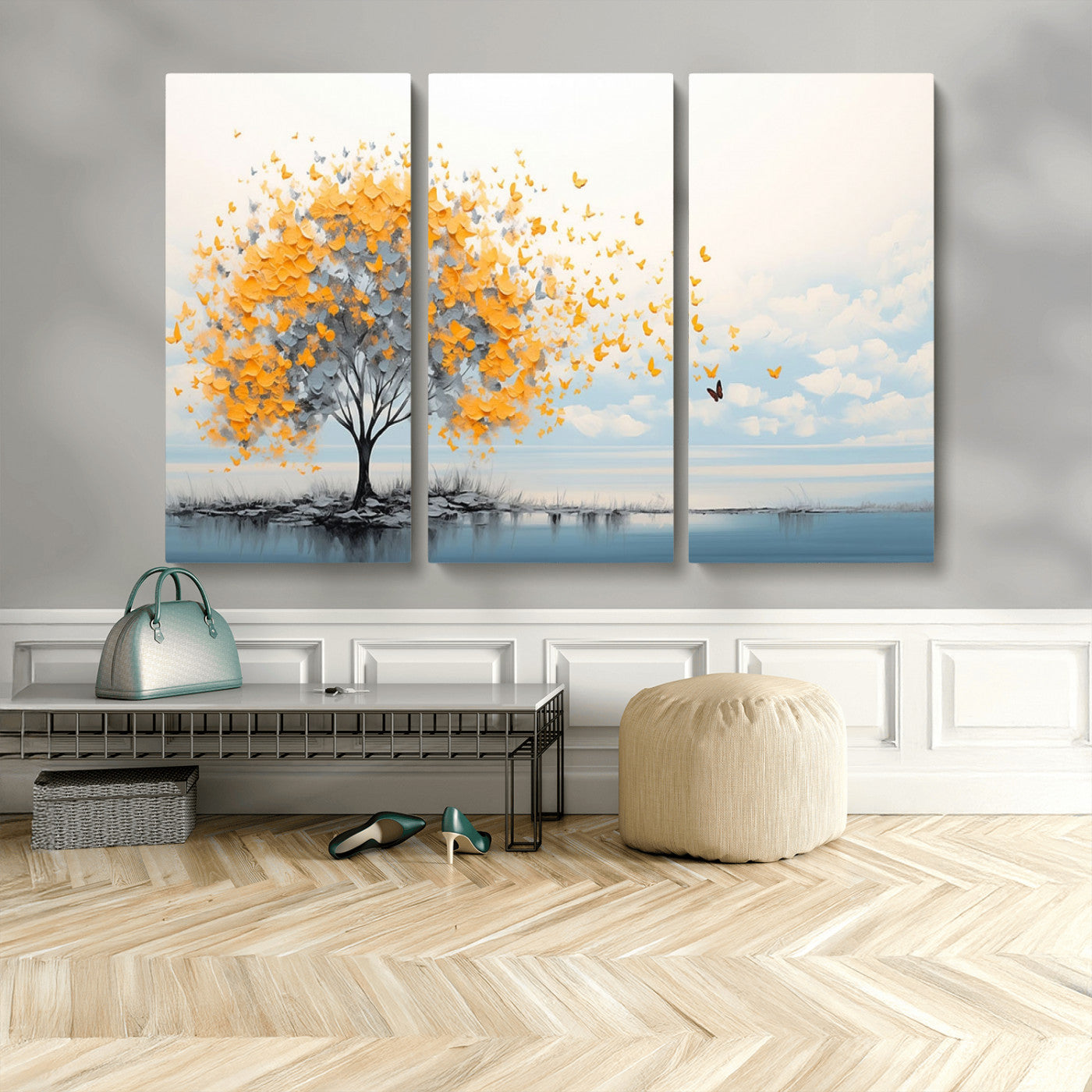 23385-MGV-CV-48X32-3P-Golden Butterfly Tree Wall Art – Abstract Yellow and Gray Canvas Print, Modern Nature Artwork for Living Room, Bedroom or Office