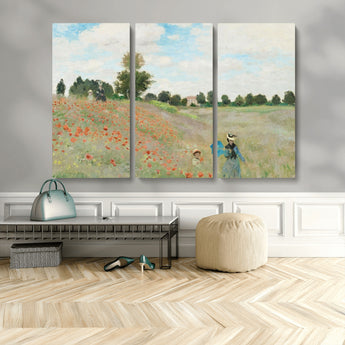 74890-MGV-CV-48X32-3P-Monet Poppy Field Wall Art – Impressionist Landscape Canvas Print, Classic French Artwork for Living Room, Bedroom or Office Decor