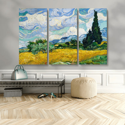 97252-MGV-CV-48X32-3P-Wheat Field with Cypress – Van Gogh Wall Art, Impressionist Landscape Canvas Print, Rustic Home Decor for Living Room or Office