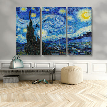 39177-MGV-CV-48X32-3P-Starry Night Wall Art – Vincent van Gogh Famous Painting Canvas Print, Timeless Starry Sky Decor for Living Room, Bedroom or