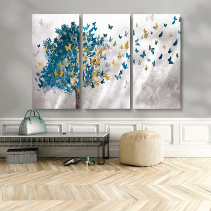 37564-MGV-CV-48X32-3P-Butterfly Tree Wall Art – Modern Nature Canvas Print with Blue and Golden Butterflies, Elegant Decorative Painting for Living Room