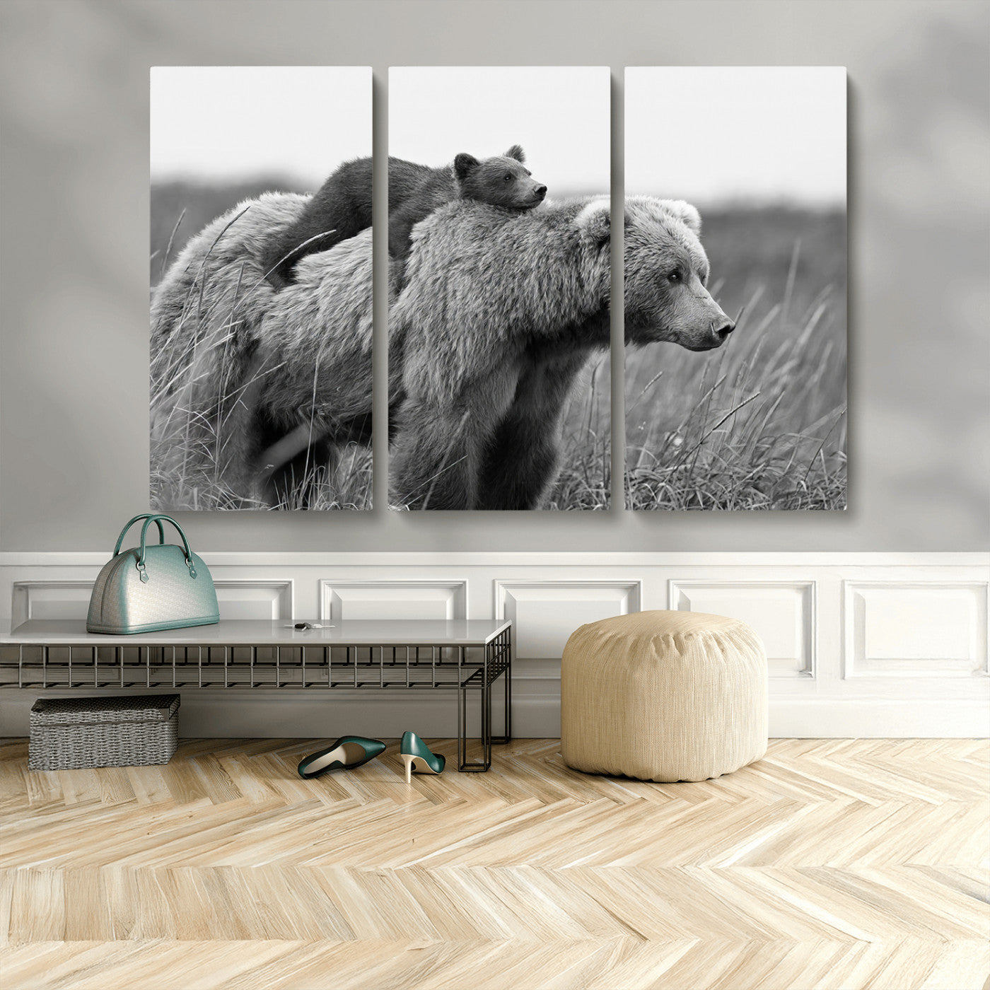 76338-MGV-CV-48X32-3P-Mother Bear and Cub Wall Art – Black and White Wildlife Canvas Print, Rustic Nature Photography for Cabin, Living Room or Office