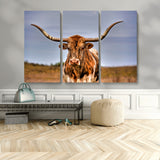 18594-MGV-CV-48X32-3P-Texas Longhorn Bull Wall Art – Rustic Western Cattle Canvas Print, Country Farmhouse Decor for Living Room, Office or Cabin