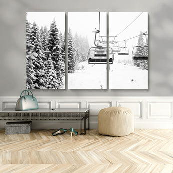 70609-MGV-CV-36X24-Snowy Ski Lift Wall Art – Black and White Winter Mountain Landscape Canvas Print, Rustic Lodge Decor for Cabin, Living Room or