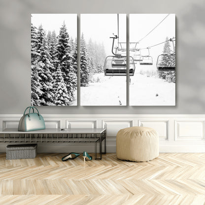 70609-MGV-CV-36X24-Snowy Ski Lift Wall Art – Black and White Winter Mountain Landscape Canvas Print, Rustic Lodge Decor for Cabin, Living Room or