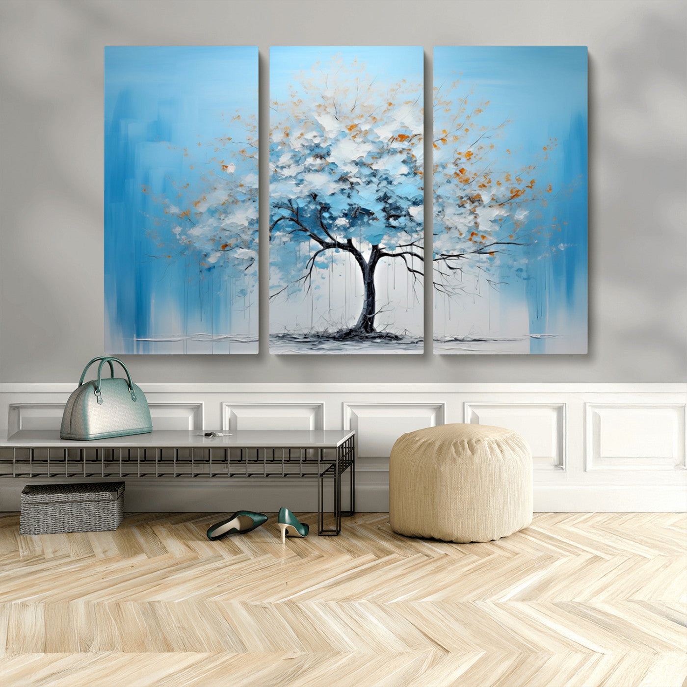 25021-MGV-CV-48X32-3P-Abstract Tree Wall Art – Blue and White Canvas Painting with Gold Accents, Modern Nature-Inspired Artwork for Living Room, Bedroom