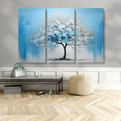 25021-MGV-CV-48X32-3P-Abstract Tree Wall Art – Blue and White Canvas Painting with Gold Accents, Modern Nature-Inspired Artwork for Living Room, Bedroom